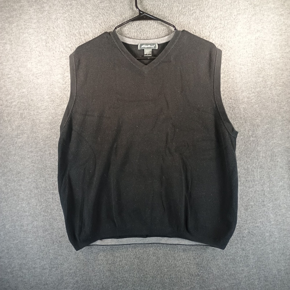 Eddie Bauer Men L Sweater Vest Solid Black Dark Grey Trim Preppy Classy
